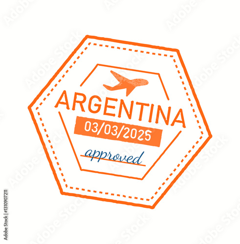 Illustration of a travel stamp featuring a hexagonal shape with the word Argentina, an airplane icon, the date 03/03/2025, and the word approved in blue.