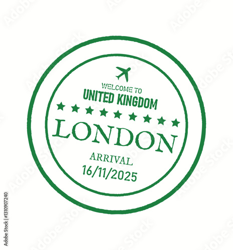 Green circular stamp design featuring London arrival date with airplane icon and stars representing travel to the United Kingdom on November 16 2025.