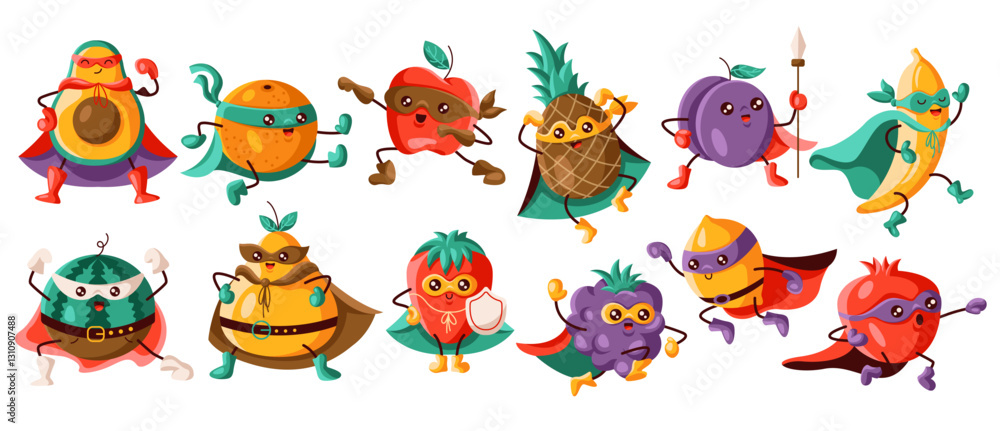 Fototapeta premium A colorful collection of various fruit superheroes, each with unique costumes, masks, and capes. These fun and energetic characters bring excitement and creativity to healthy food concepts.