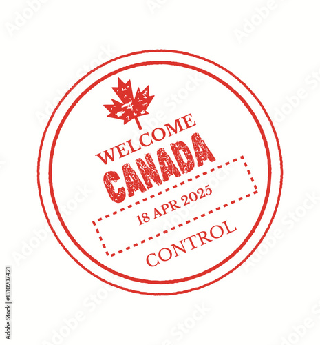Illustration of a red passport stamp featuring Canadian maple leaf symbol welcome text and entry date. It represents international travel and border crossing.