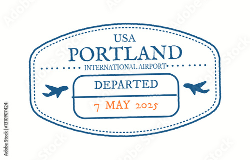 Illustration of a travel stamp featuring Portland International Airport with departure date May 7, 2025. Blue and orange colors highlight travel theme.