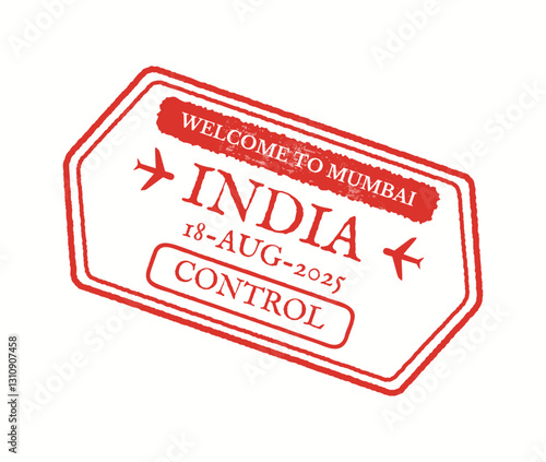 Illustration of a red tourist stamp featuring India arrival information. Includes date 18 August 2025 and airplane icons, symbolizing travel entry.