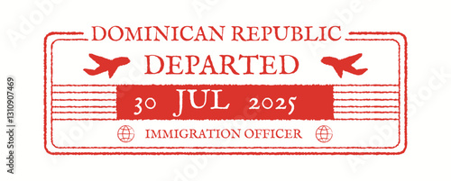 Red and white passport stamp indicating departure from Dominican Republic on 30 July 2025. Includes graphics of airplanes and text related to immigration.