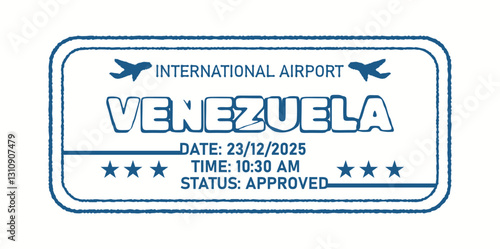 Blue international airport stamp for Venezuela with flight details and approval status. Includes decorative planes and stars, simulating a passport entry mark.