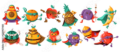 A colorful collection of various fruit superheroes, each with unique costumes, masks, and capes. These fun and energetic characters bring excitement and creativity to healthy food concepts.