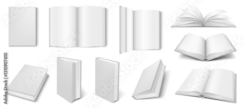 Realistic 3D mockup of blank books with various angles and perspectives, perfect for showcasing book designs.
