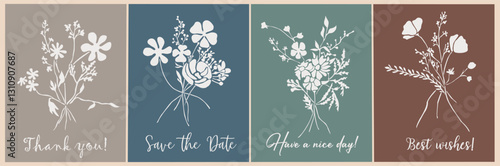 Set of greeting card templates with wild flower bouquet silhouettes on neutral color backgrounds. Thank you, save the date, best wishes cards. Vector outline botanical illustrations isolated.
