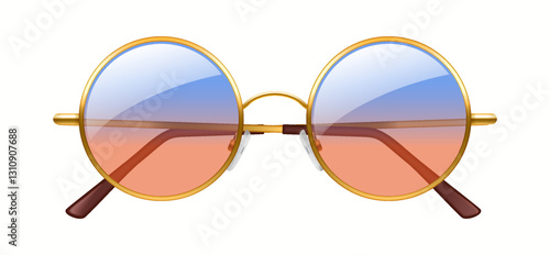 Illustration of stylish round sunglasses featuring a classic gold frame and vibrant gradient lenses. Perfect representation of retro fashion accessory ideal for summer style.