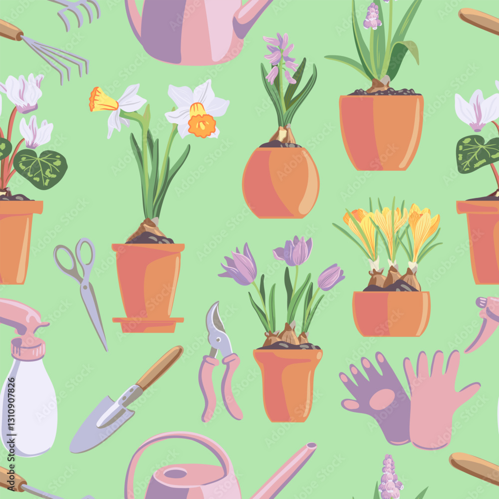 seamless pattern with watering can, garden tools and pots with spring flowers at green background, hand drawn illustration seamless pattern with watering can, garden tools and pots with spring flowers at green background, hand drawn illustration