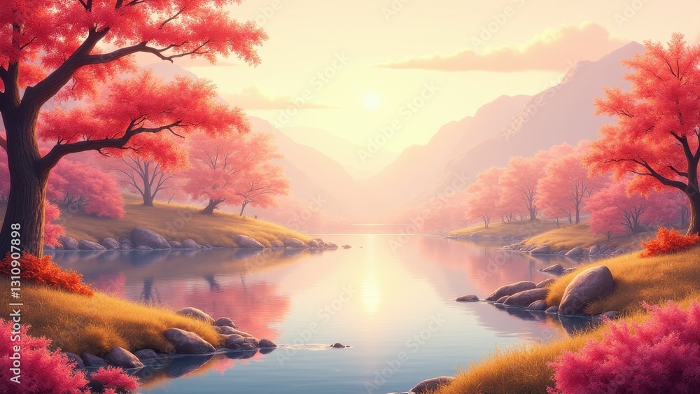 A serene traditional wallpaper depicting a tranquil lake surrounded by vibrant pink trees and distant mountains under a soft sunset. A serene traditional wallpaper depicting a tranquil lake surrounded by vibrant pink trees and distant mountains under a soft sunset.