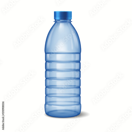 Illustration of a blue plastic water bottle with a screw cap. The bottle is shown upright on a plain white background, highlighting its transparent texture and ribbed design.