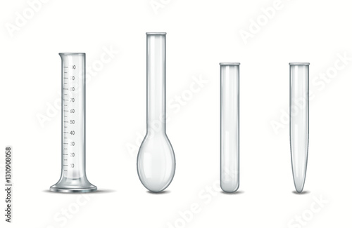Image showcasing various types of laboratory glassware including a measuring cylinder, a volumetric flask, and test tubes. Perfect for illustrating scientific research and lab work environments.