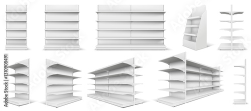 Realistic 3D mockup of a supermarket shelf with multiple rows, perfect for showcasing products in a retail environment.