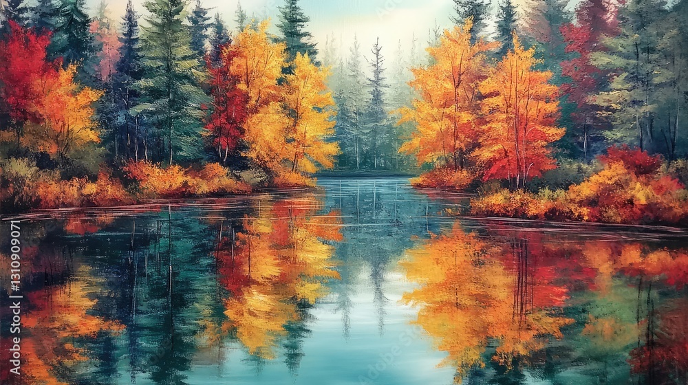 Obraz premium Autumnal Serenity: A Lake's Mirrored Majesty