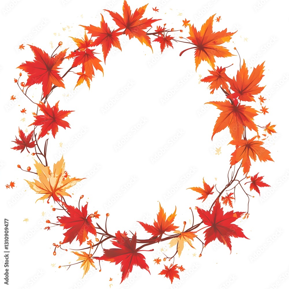 A stunning wreath of autumn leaves artistically arranged on a bright white background perfect for seasonal displays