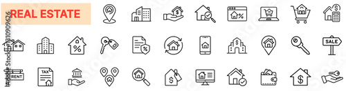 Real Estate and Property Icons – Home Buying, Selling, Renting, Mortgage, Investment, Commercial Buildings, Housing Market