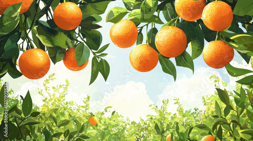 Bunch of ripe oranges hanging from a green tree in a beautiful citrus orchard under bright sunlight