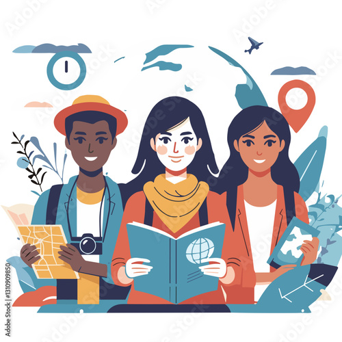 Group of young travelers exploring the world in modern illustration style