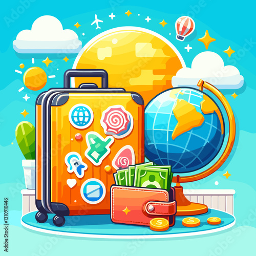 Travel concept with suitcase, globe, and money.