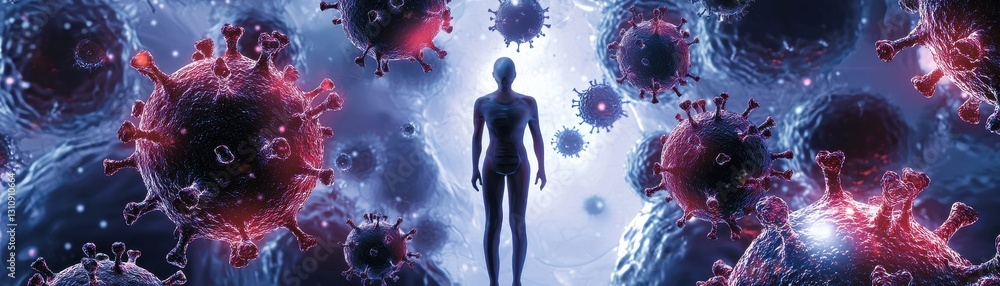 Naklejka premium A silhouette stands amidst colorful, abstract representations of viruses, creating a striking visual of the microscopic world surrounding humanity.