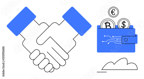 Handshake icon connected to digital wallet with cryptocurrency coins, promoting trust and financial transactions. Ideal for finance, technology, business deals, payment systems, blockchain