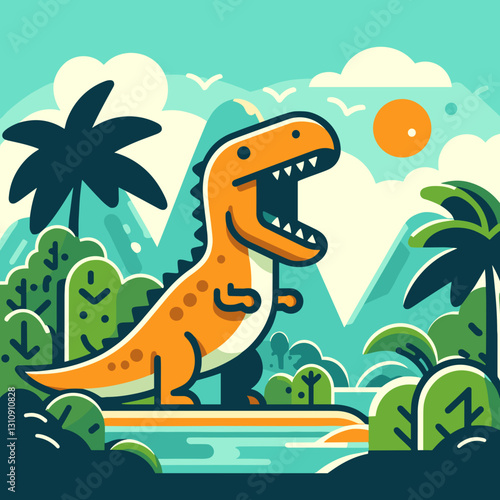 Cartoon T-Rex roaring in prehistoric jungle landscape.