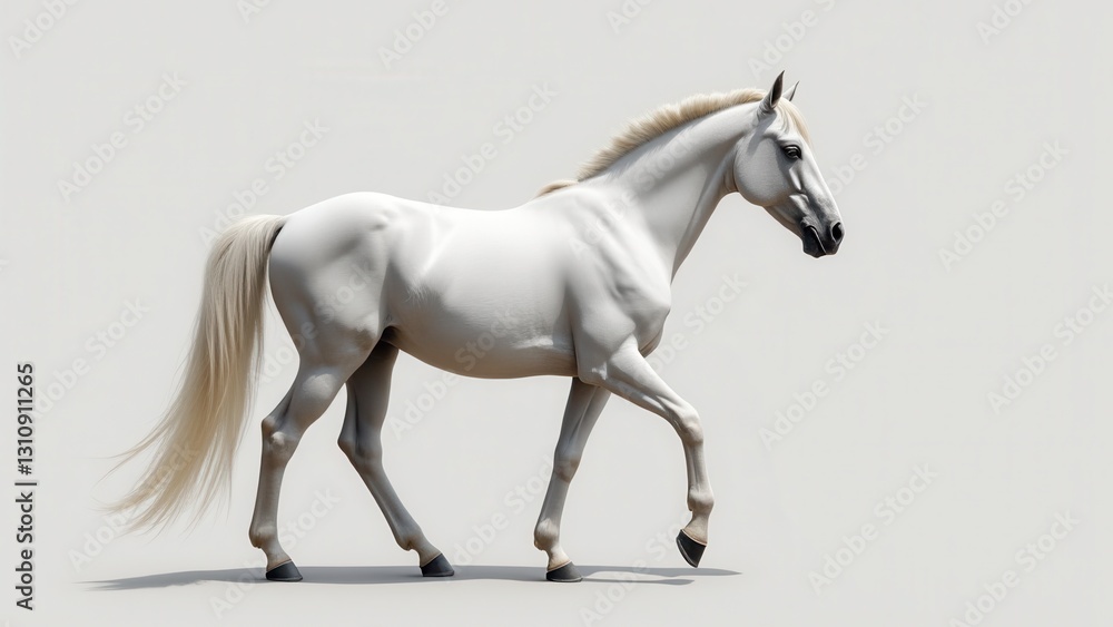 A white horse with a flowing mane and tail is walking gracefully. A white horse with a flowing mane and tail is walking gracefully.