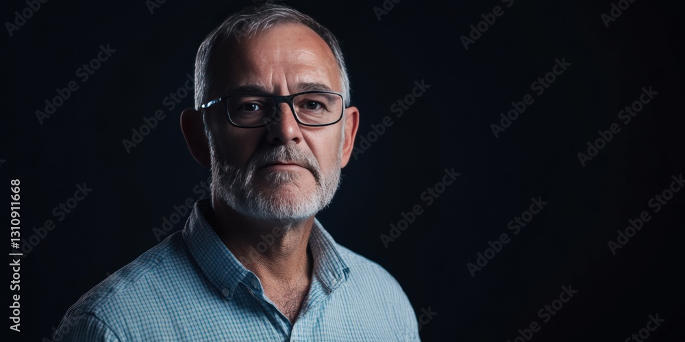 Fototapeta premium Portrait of a Mature Man with Glasses in a Dark Setting, Exuding Confidence and Wisdom
