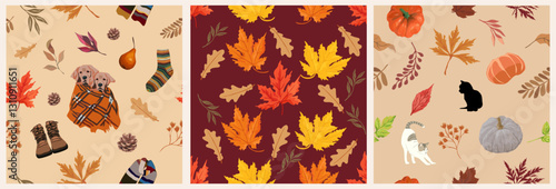 Seamless pattern with autumn leaves and tree branches. Repeatable background with cute pets, cats, dogs, knitted warm clothes, scarf, socks. Flat vector illustration of beautiful aspen, and oak leaf.