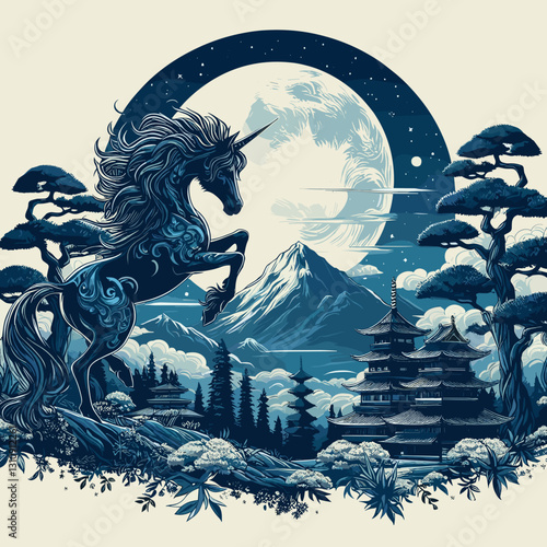 Fantasy unicorn rearing up in a mystical night landscape