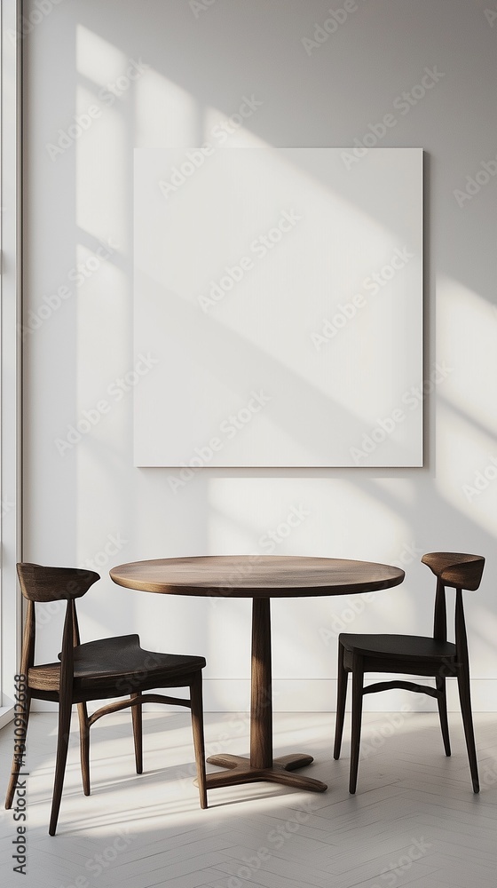 Fototapeta premium A blank banner hangs on the wall in a minimalist dining room kitchen.
