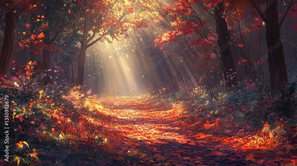 Autumnal Path: A Sunlit Forest Trail Autumnal Path: A Sunlit Forest Trail