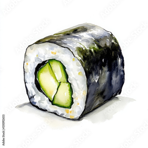 Fresh sushi roll with cucumber, watercolor illustration, vibrant colors