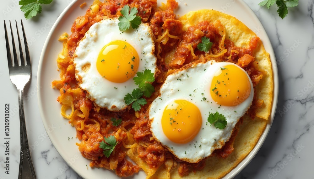 Delicious Shakshuka with Fried Eggs and Fresh Parsley on White Plate Delicious Shakshuka with Fried Eggs and Fresh Parsley on White Plate