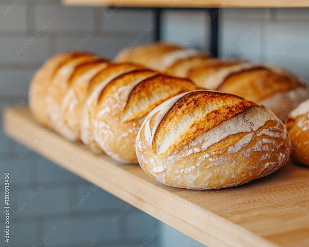 Rustic Artisan Bread Showcase Handcrafted Sourdough Loaves on Minimalist Wooden Shelf - Gourmet Bakery Branding and Culinary Craft Heritage Rustic Artisan Bread Showcase Handcrafted Sourdough Loaves on Minimalist Wooden Shelf - Gourmet Bakery Branding and Culinary Craft Heritage
