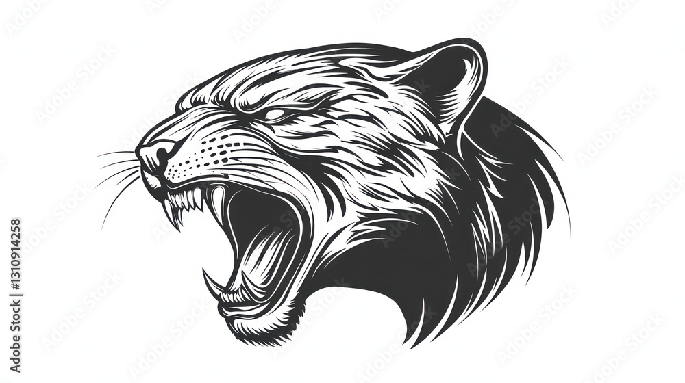 Roaring Cougar Head Profile, White Background, Graphic Design Roaring Cougar Head Profile, White Background, Graphic Design