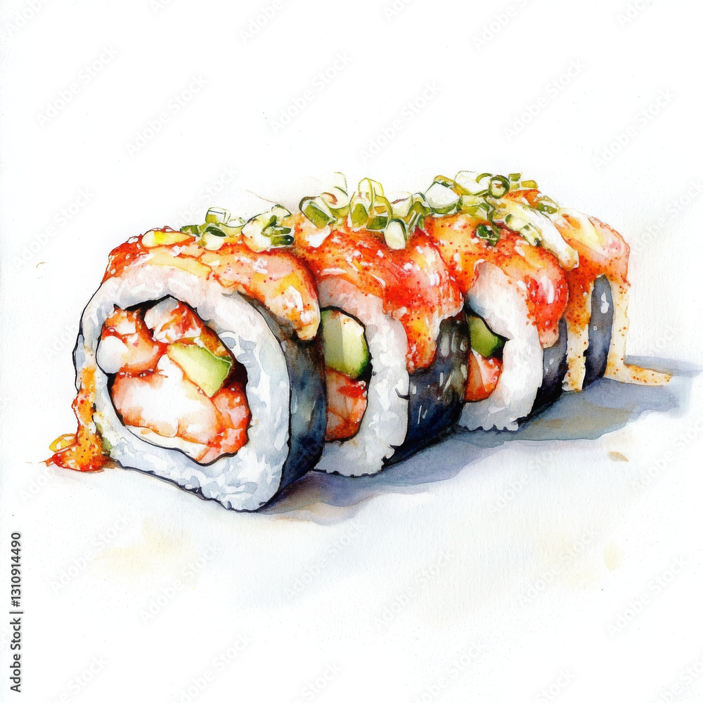 Delicious sushi roll with shrimp, cucumber, and spicy sauce Delicious sushi roll with shrimp, cucumber, and spicy sauce