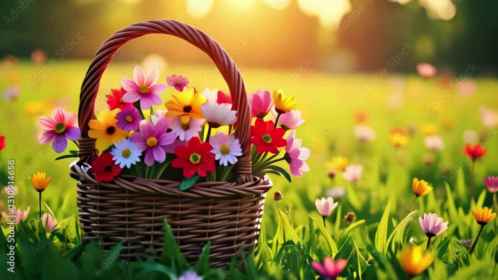 Flower Basket in Bloom, Beautiful and Vibrant, in Multicolored Hues, for Spring Celebration. Flower Basket in Bloom, Beautiful and Vibrant, in Multicolored Hues, for Spring Celebration.