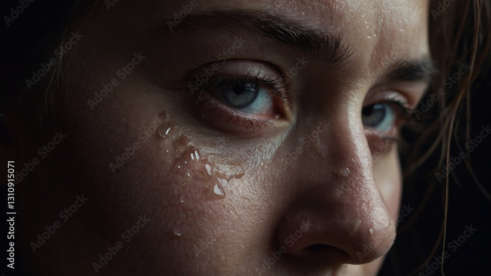 Fototapeta premium Single Tear of Sorrow - Close-up of a single tear rolling down a person's cheek, conveying sadness and emotion. Dark background emphasizes the tear