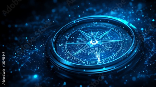 Minimalist blue compass background with sharp directional lines and glowing light accents, deep blue tones with a subtle digital texture, modern design