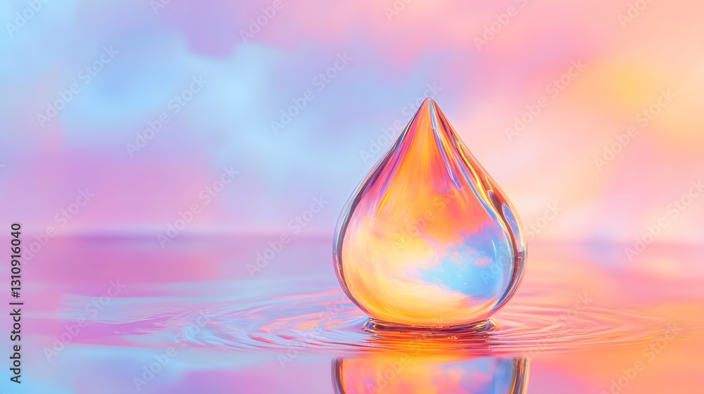 Fototapeta premium Translucent Water Droplet on Reflective Surface with Pastel Pink and Blue Background
