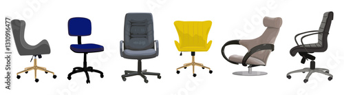 Set of different Modern office chairs. Desk swivel armchairs design. Interior design elements, icons. Flat vector illustrations of elegant business furniture isolated on transparent background.