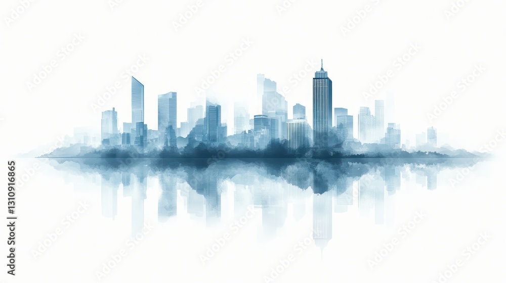 Naklejka premium Cityscape watercolor reflection, urban skyline, misty morning, calm water, design element