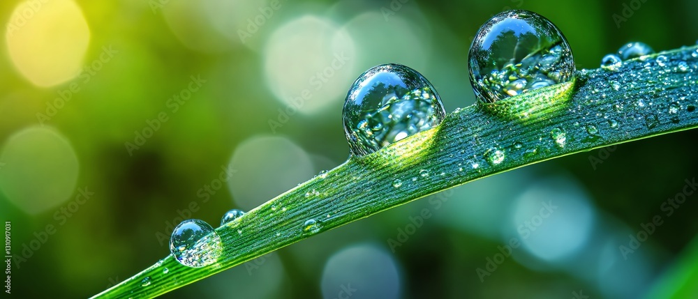 Closeup of dewdrops on grass blades, reflecting a miniature world within each drop, magnified beauty of natures intricate details Closeup of dewdrops on grass blades, reflecting a miniature world within each drop, magnified beauty of natures intricate details