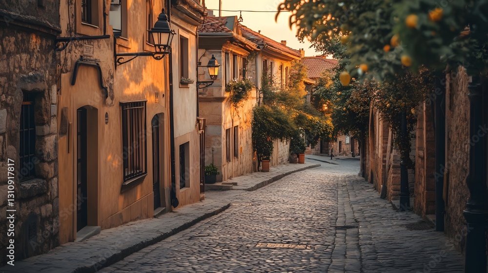 Fototapeta premium Warm Sunset Light on Cobblestone Street in Historic Town