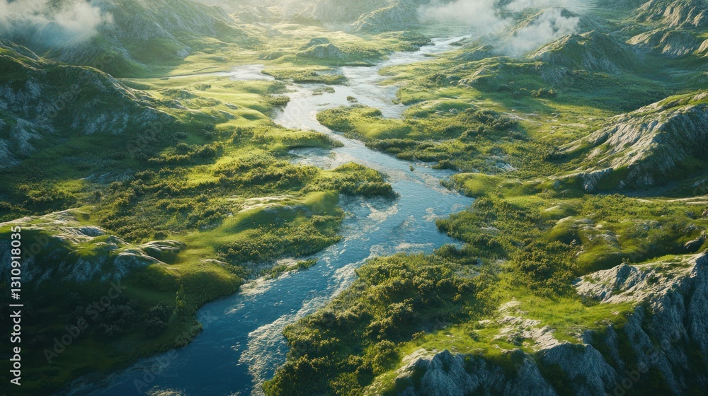 A winding river flows through a beautiful green mountain landscape A winding river flows through a beautiful green mountain landscape