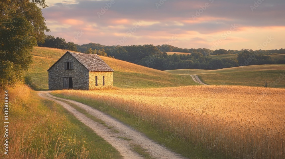 Serene Sunset over Rolling Fields and Stone Barn Serene Sunset over Rolling Fields and Stone Barn
