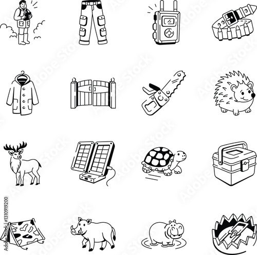 Set of Hand Drawn Safari Jungle Icons 

