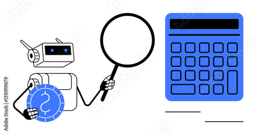 Robot holds magnifying glass, examines coin next to large calculator. Ideal for finance, AI, automation, technology, economy, business analysis innovation. Flat simple metaphor