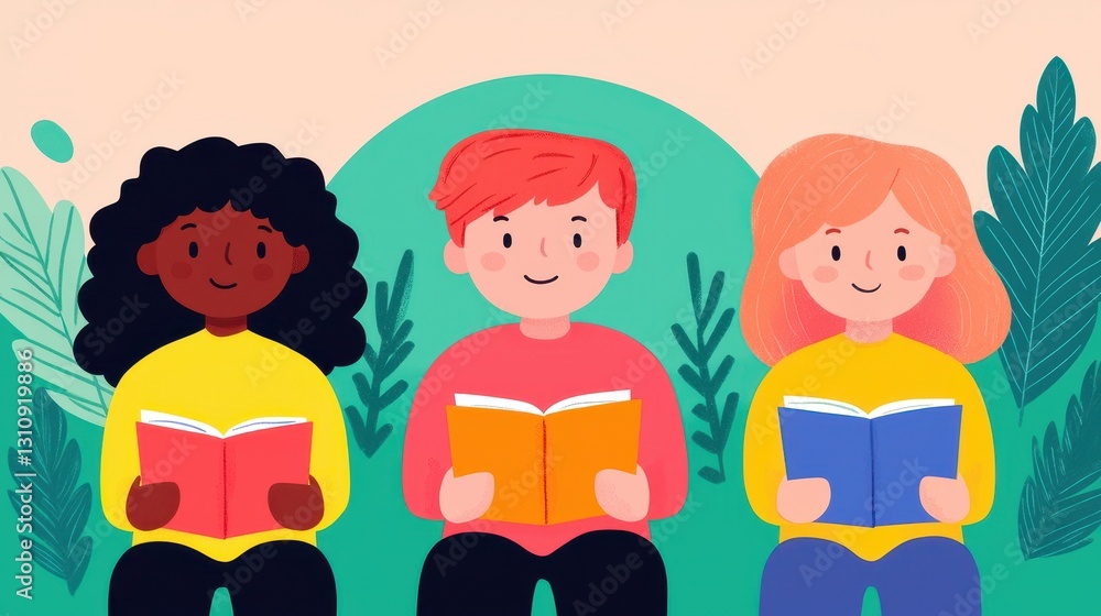 Fototapeta premium Inclusive classroom collaboration teaching concept. Three children with diverse appearances are seated, reading colorful books in a lush, green environment.